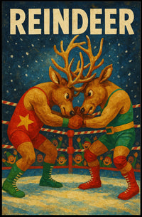 Whimsical Reindeer Wrestling Holiday Poster Art Print