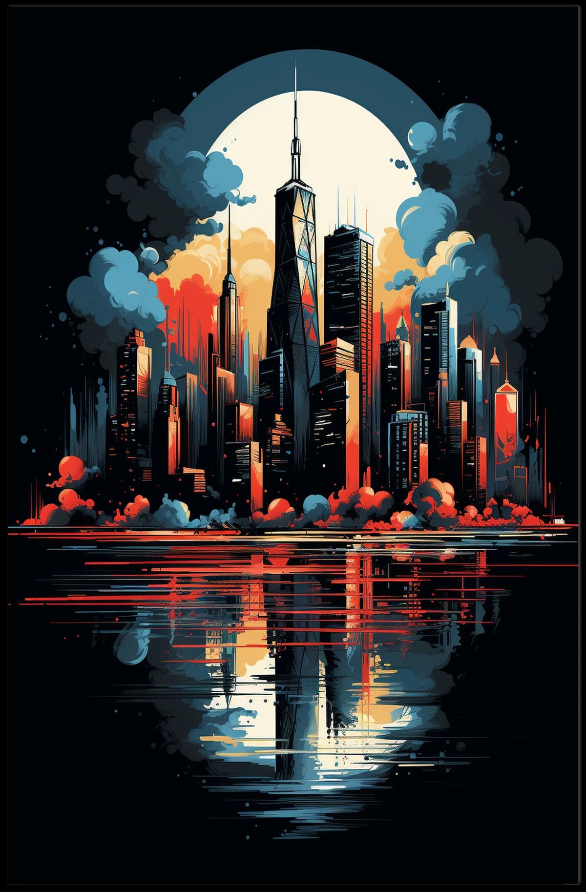 Futuristic Cityscape Moonlit Skyline Art Poster
