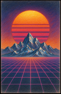 Retro Synthwave Mountain Landscape: Futuristic Sci-Fi Poster