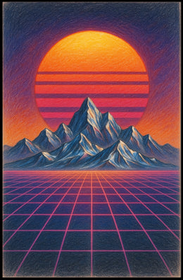 Retro Synthwave Mountain Landscape: Futuristic Sci-Fi Poster