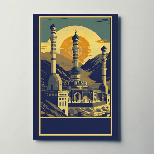 Majestic Mountain Mosque Sunburst Vintage Travel Poster