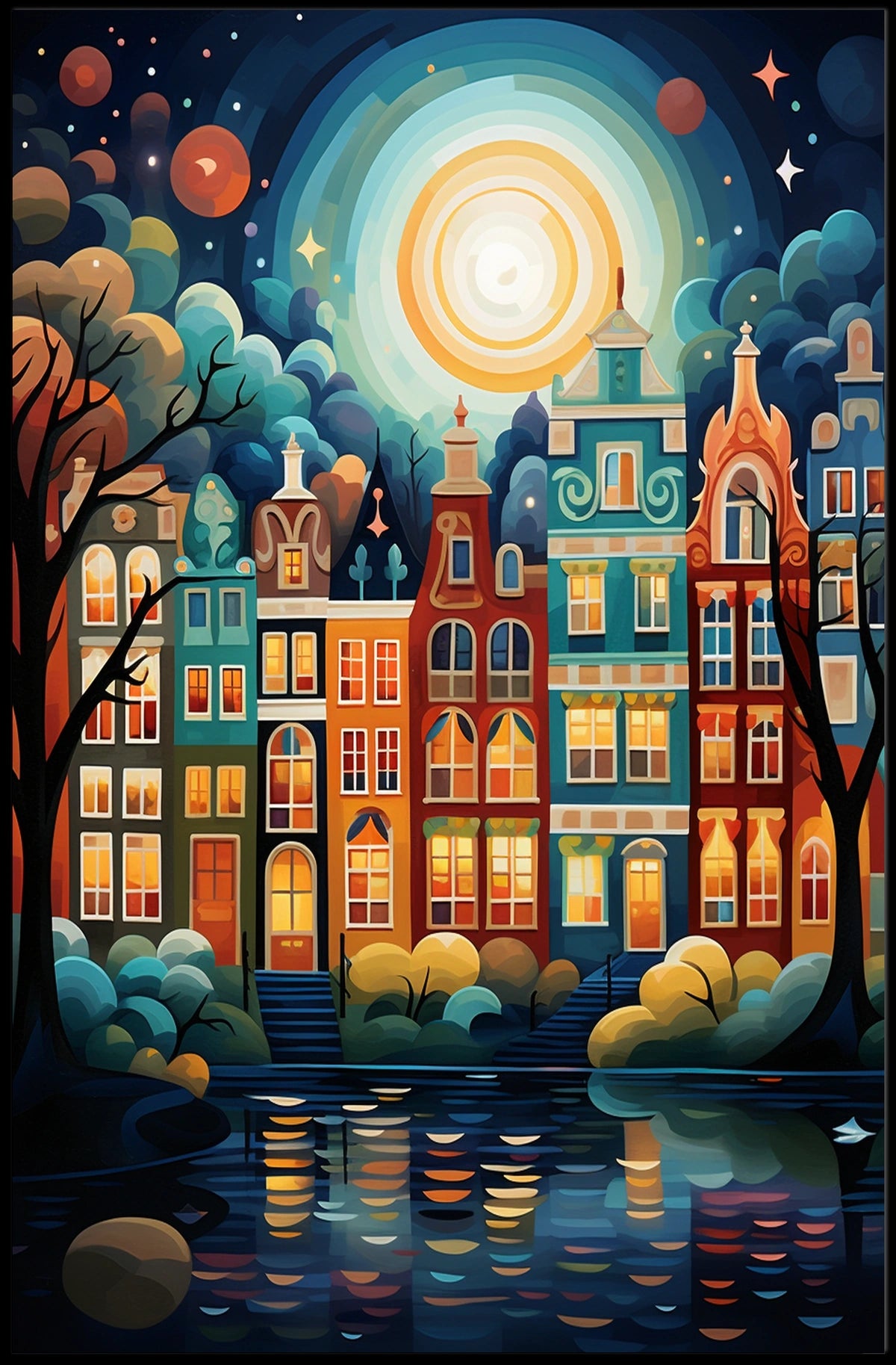 Vibrant European Cityscape at Night Travel Poster