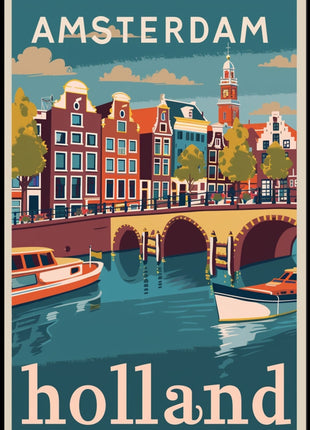 Amsterdam Canal Houses Scenic Vintage Travel Poster