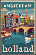 Amsterdam Canal Houses Scenic Vintage Travel Poster