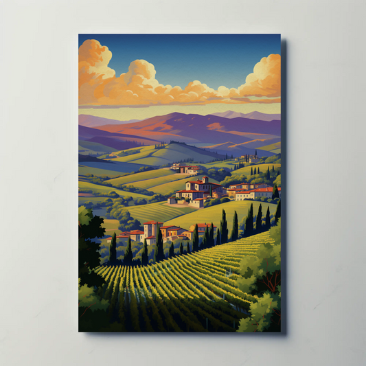 Tuscany Italy Rolling Hills Vineyards Sunset Travel Poster
