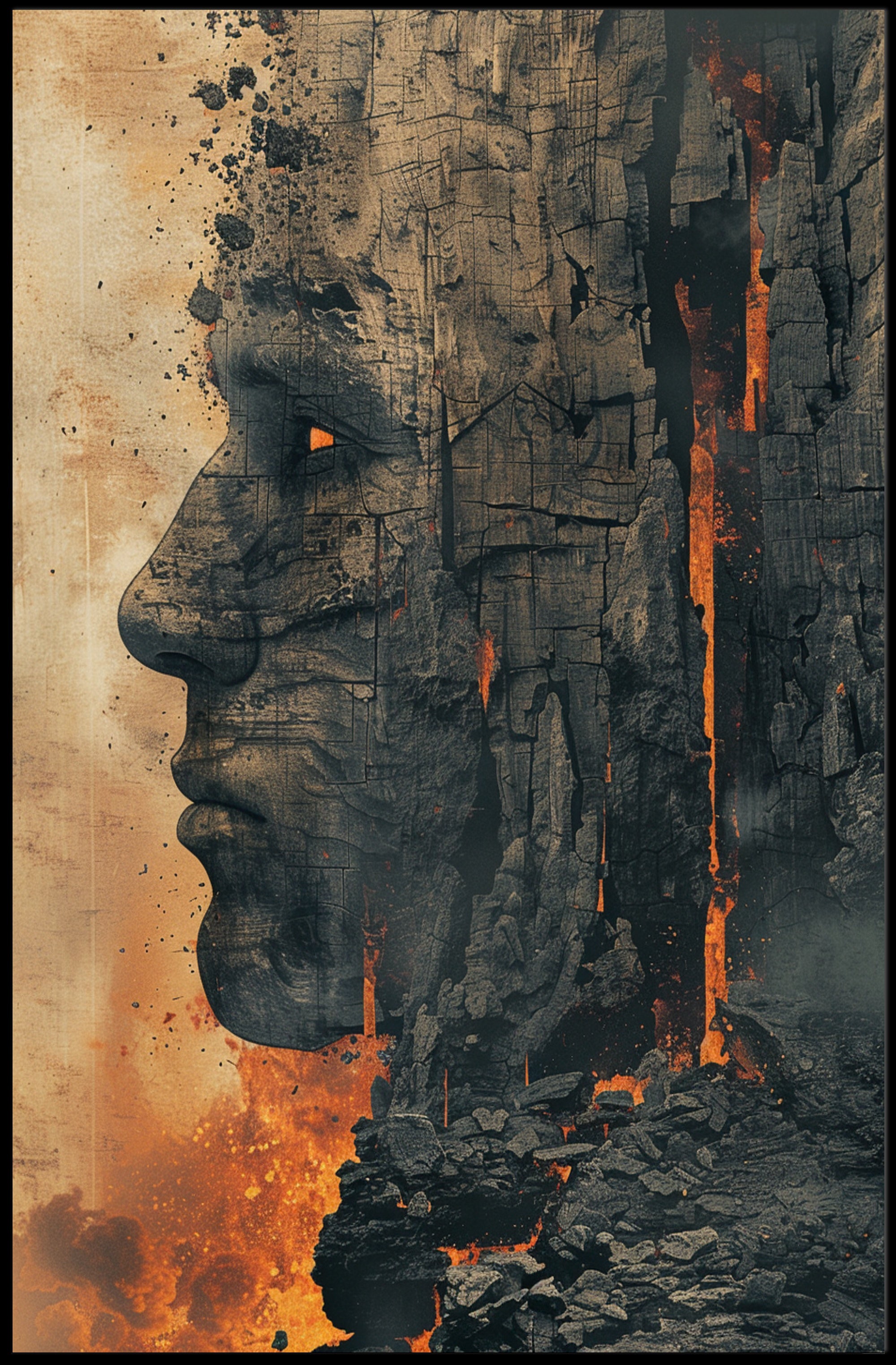 Surreal Stone Face with Lava: Artistic Poster PosterGoat