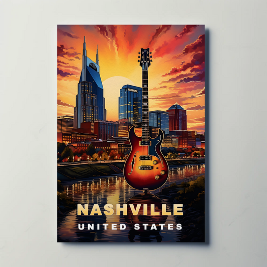 Nashville Tennessee Guitar Sunset Skyline Vintage Travel Poster