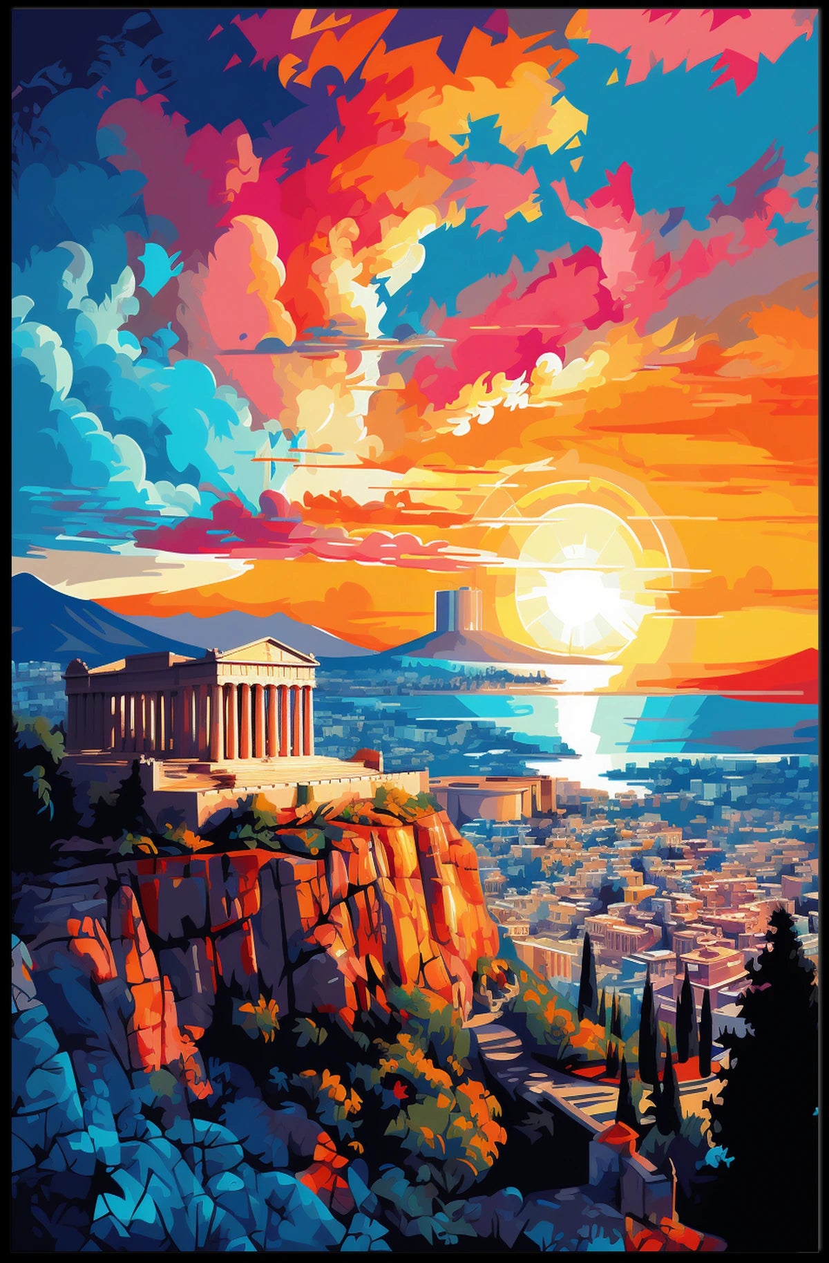 Vibrant Sunset Over City with Ancient Temple Heritage Poster