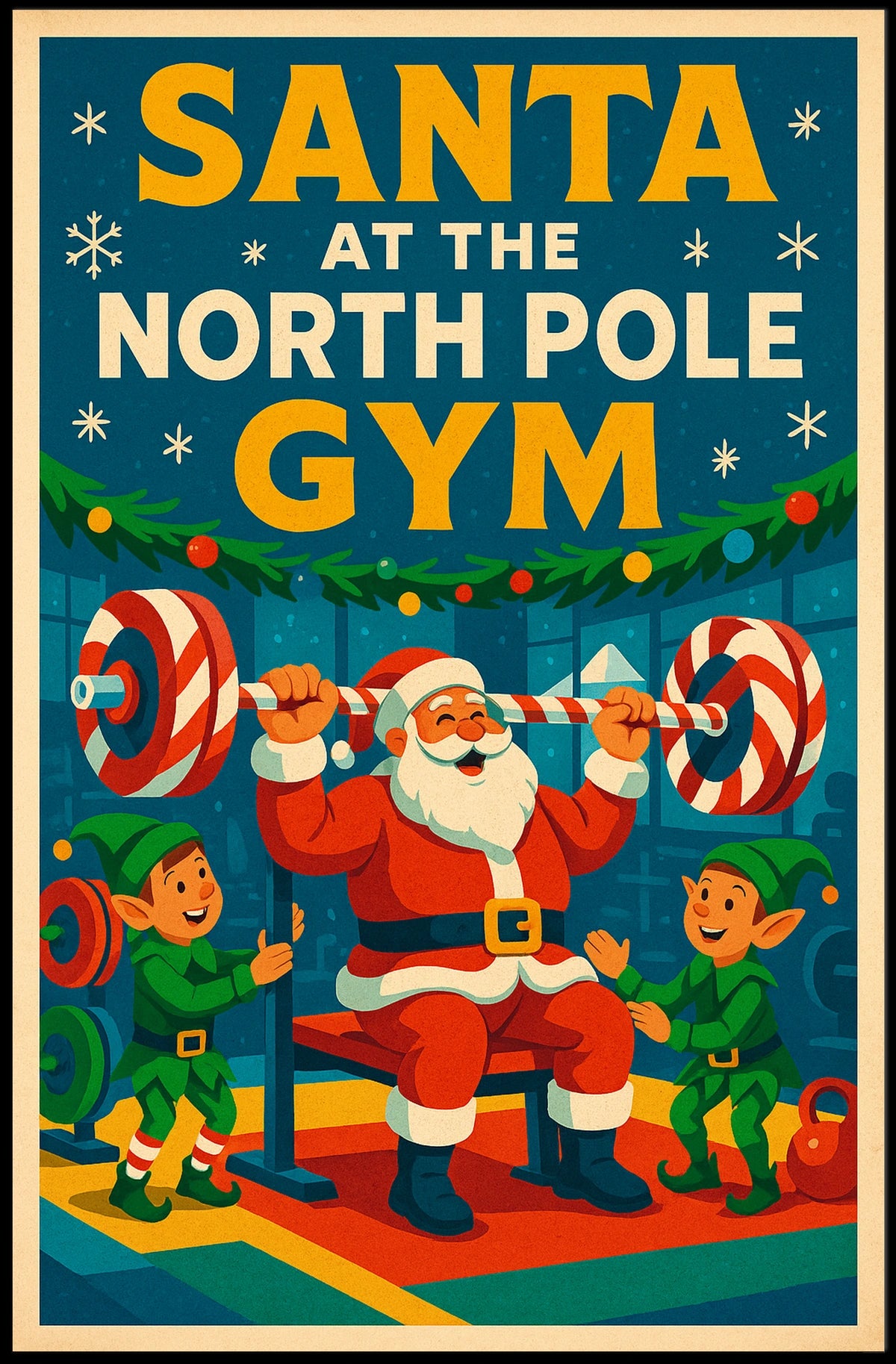 Santa Claus Lifting Weights Vintage Christmas Pop Culture Poster