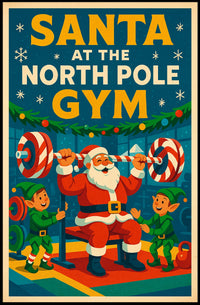 Santa Claus Lifting Weights Vintage Christmas Pop Culture Poster