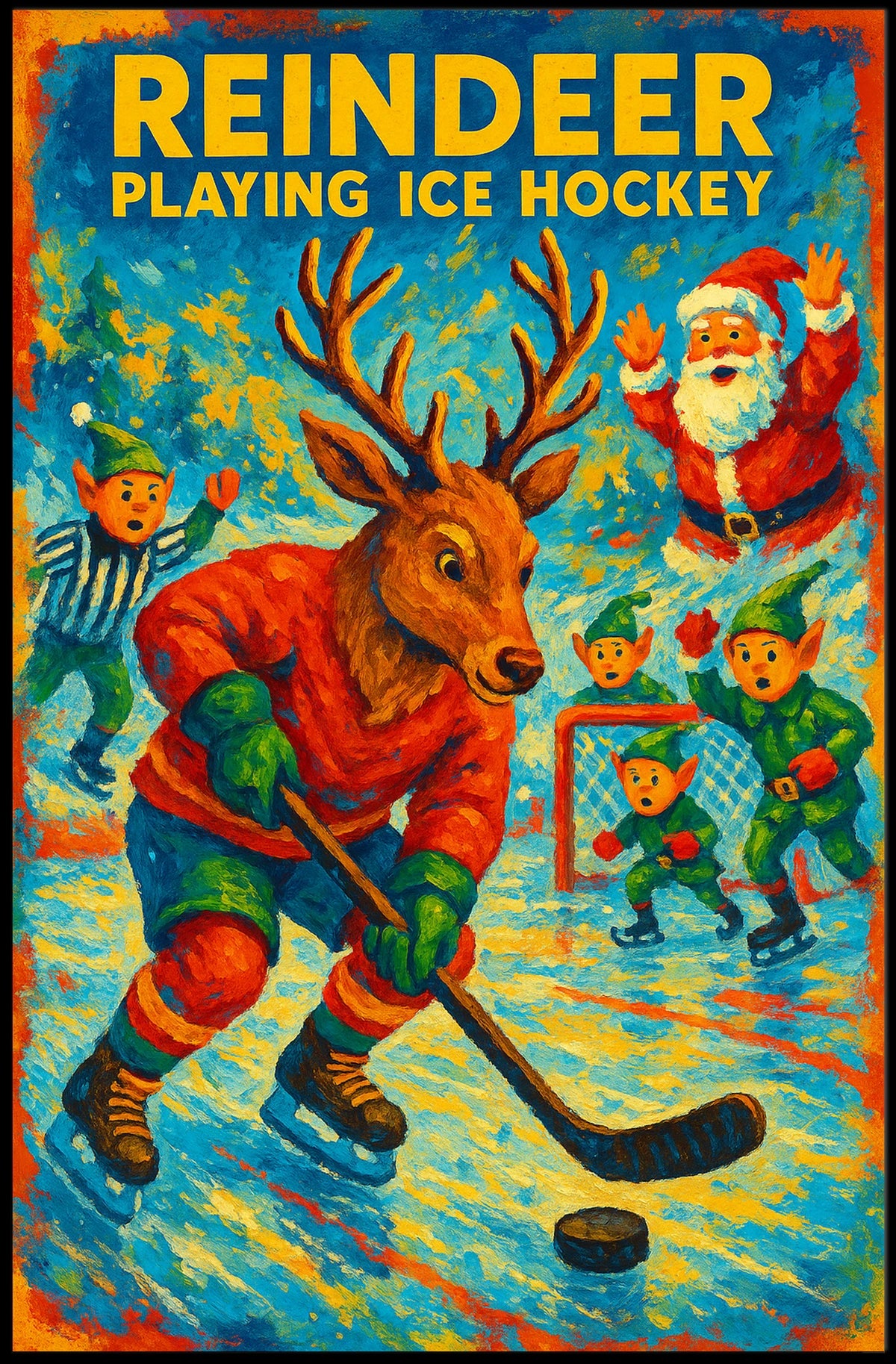 Reindeer Playing Ice Hockey Poster