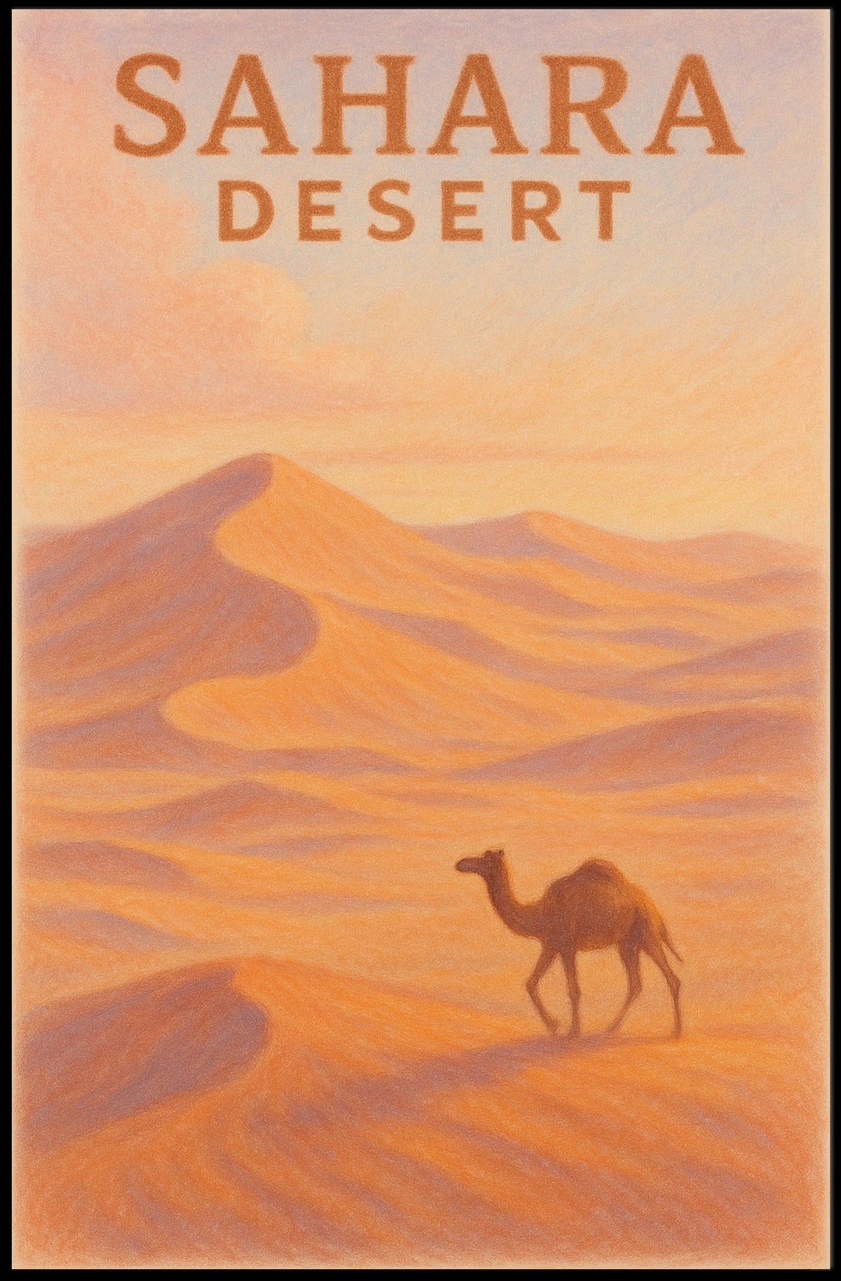 Sahara Desert Exploration Travel Retro Eighties Art Deco Camel Silhouette Golden Dunes Nostalgic Decor Poster