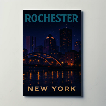 Rochester New York Night Skyline River Lights Travel Poster Travel Poster