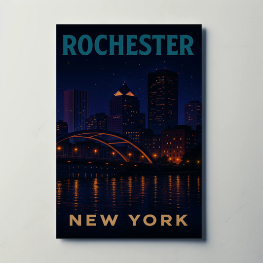 Rochester New York Night Skyline River Lights Travel Poster Travel Poster