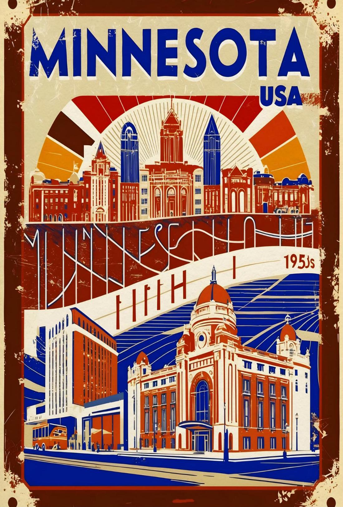 Minnesota USA 1950s Civic Skyline Vintage Travel Poster