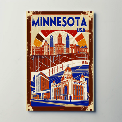 Minnesota USA 1950s Civic Skyline Vintage Travel Poster