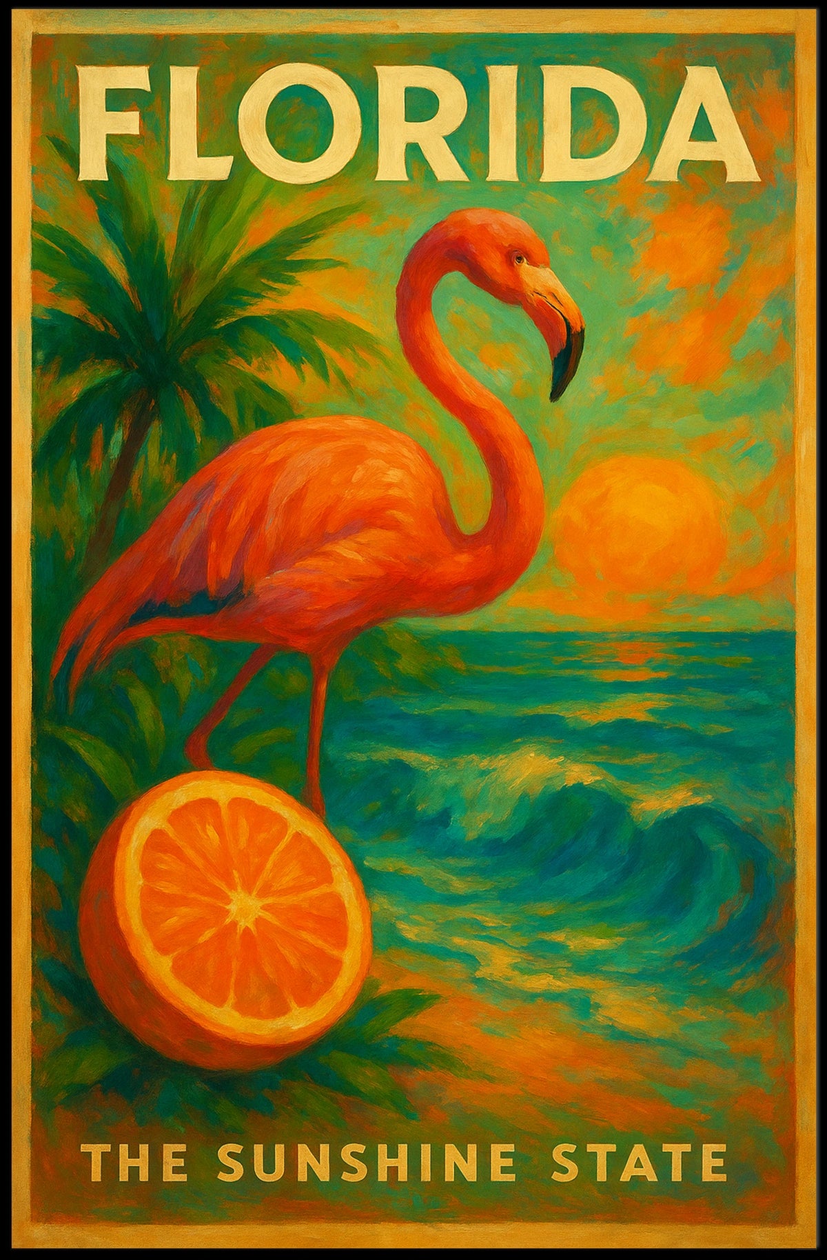 Florida Sunset Flamingo Poster For Beach Decor Vibe
