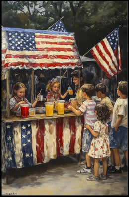 Whimsical American Flag Lemonade Stand Scene Poster