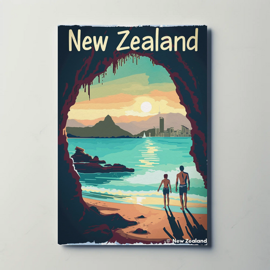 New Zealand Beach City Sunset Cave View Vintage Travel Poster