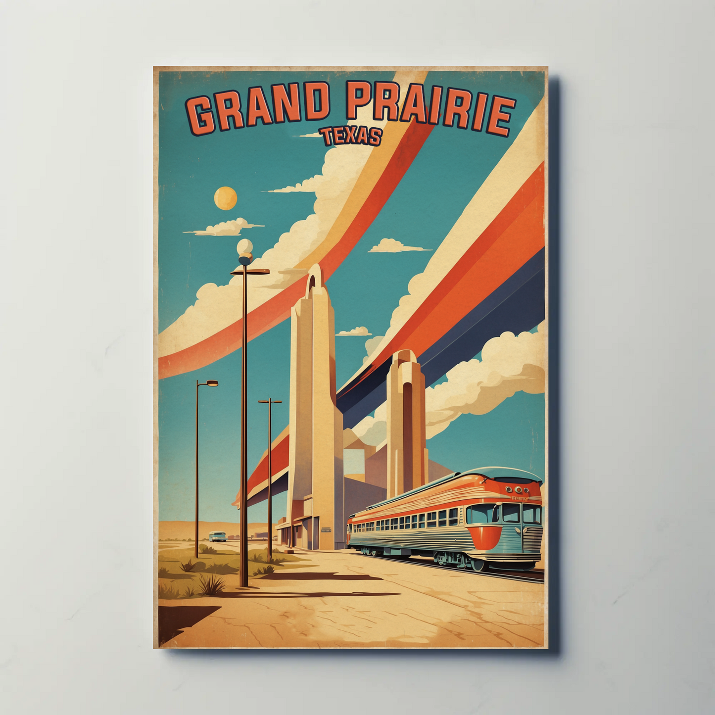 Grand Prairie Texas Train Towers Streamline Vintage Travel Poster