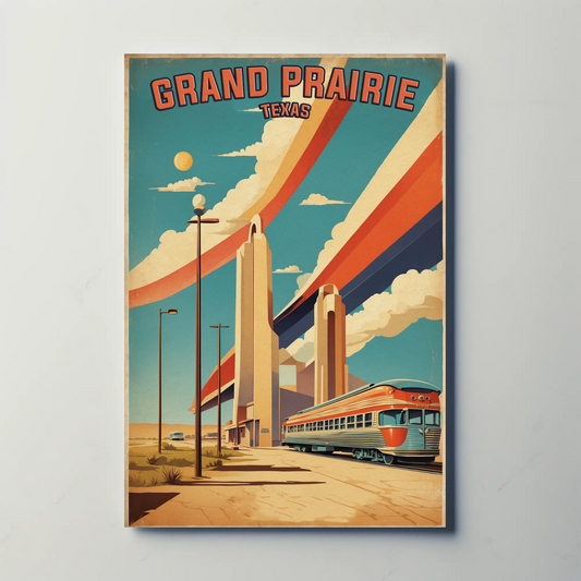 Grand Prairie Texas Train Towers Streamline Vintage Travel Poster