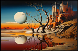 Surreal Sci-Fi Landscape with Fortress and Celestial Body Poster