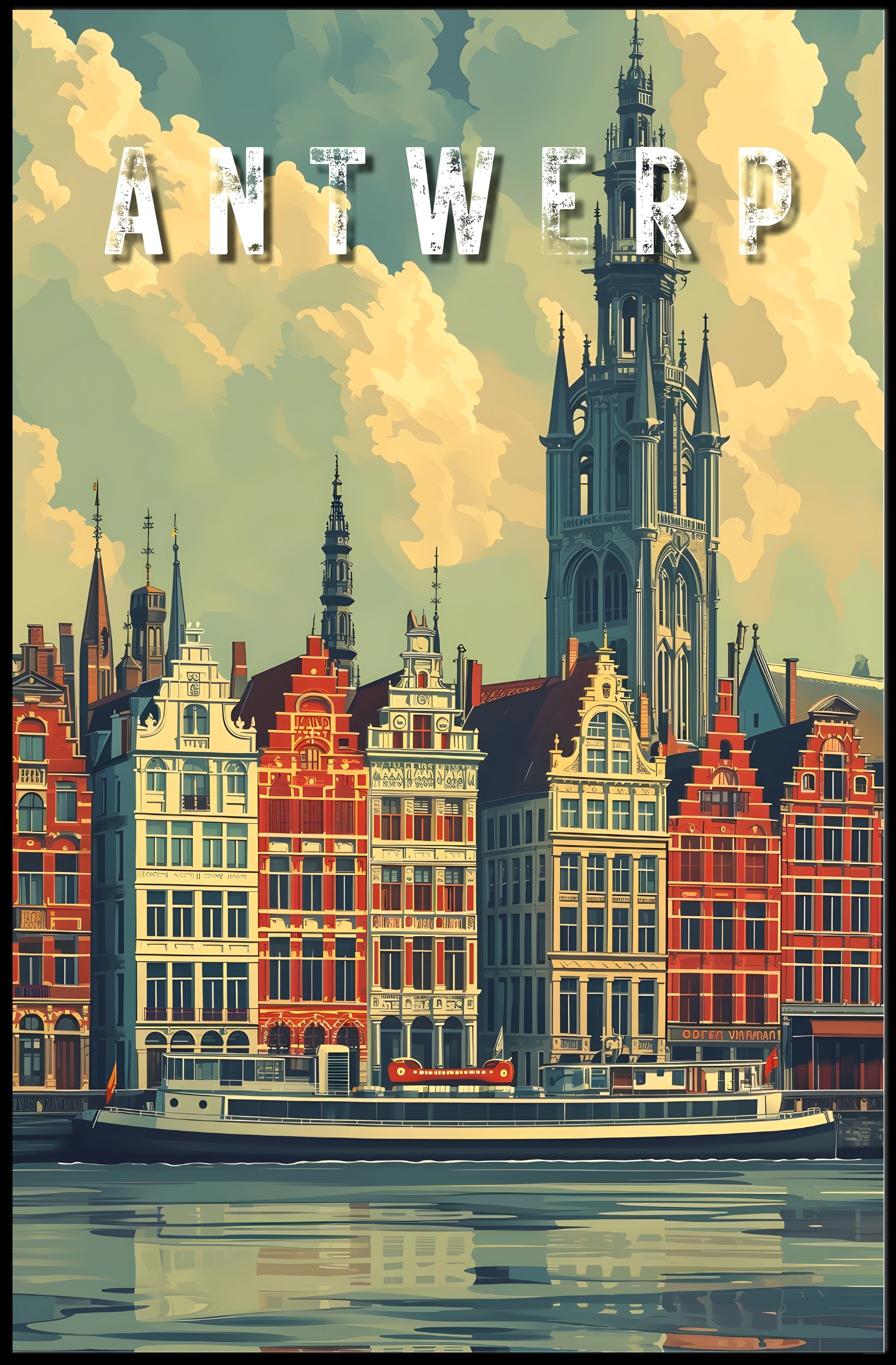 Antwerp cityscape illustration with vintage flair: Urban or Cityscape Poster
