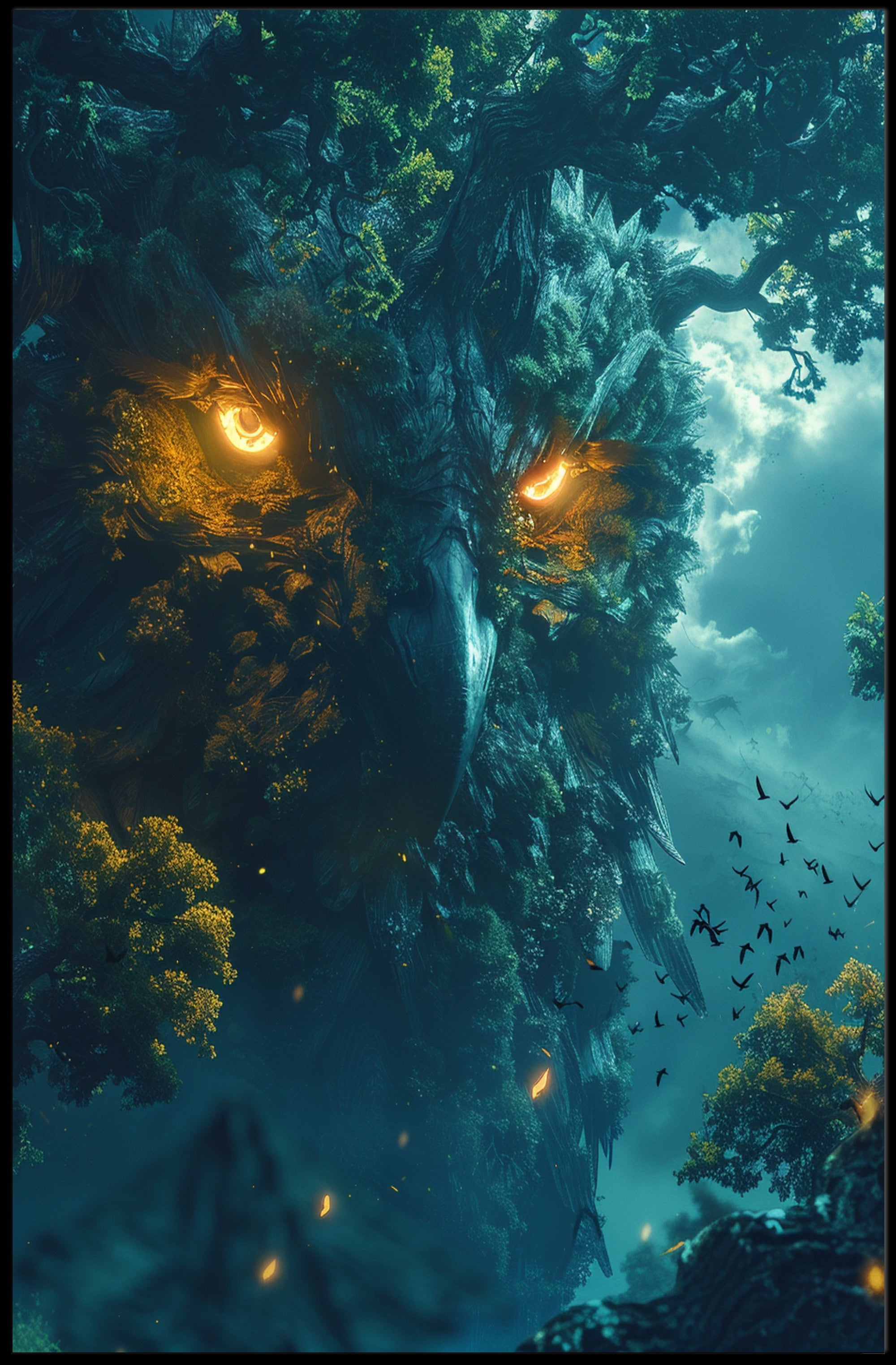 Enchanted Owl Tree Surreal Scene Fantasy or Mythology Poster PosterGoat