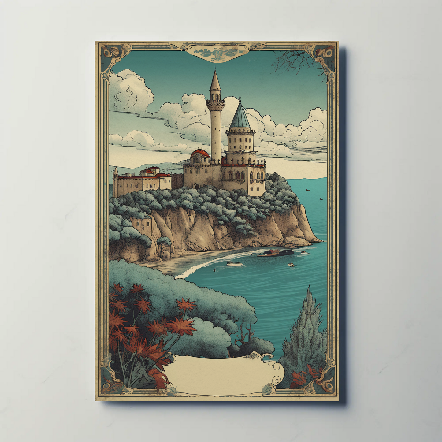 Cliffside Seaside Fortress Vintage Travel Poster