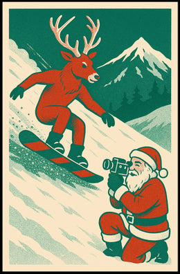 Whimsical Reindeer Snowboarding Vintage Holiday Poster