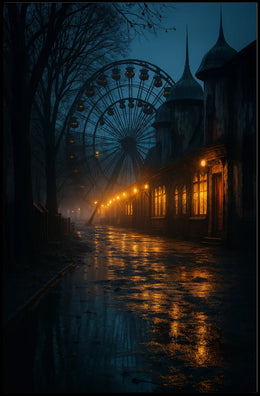 Eerie Nighttime Amusement Park Urban or Cityscape Poster PosterGoat