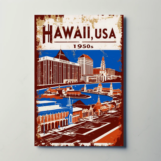 Hawaii USA 1950s Island Life Vintage Maroon Travel Poster