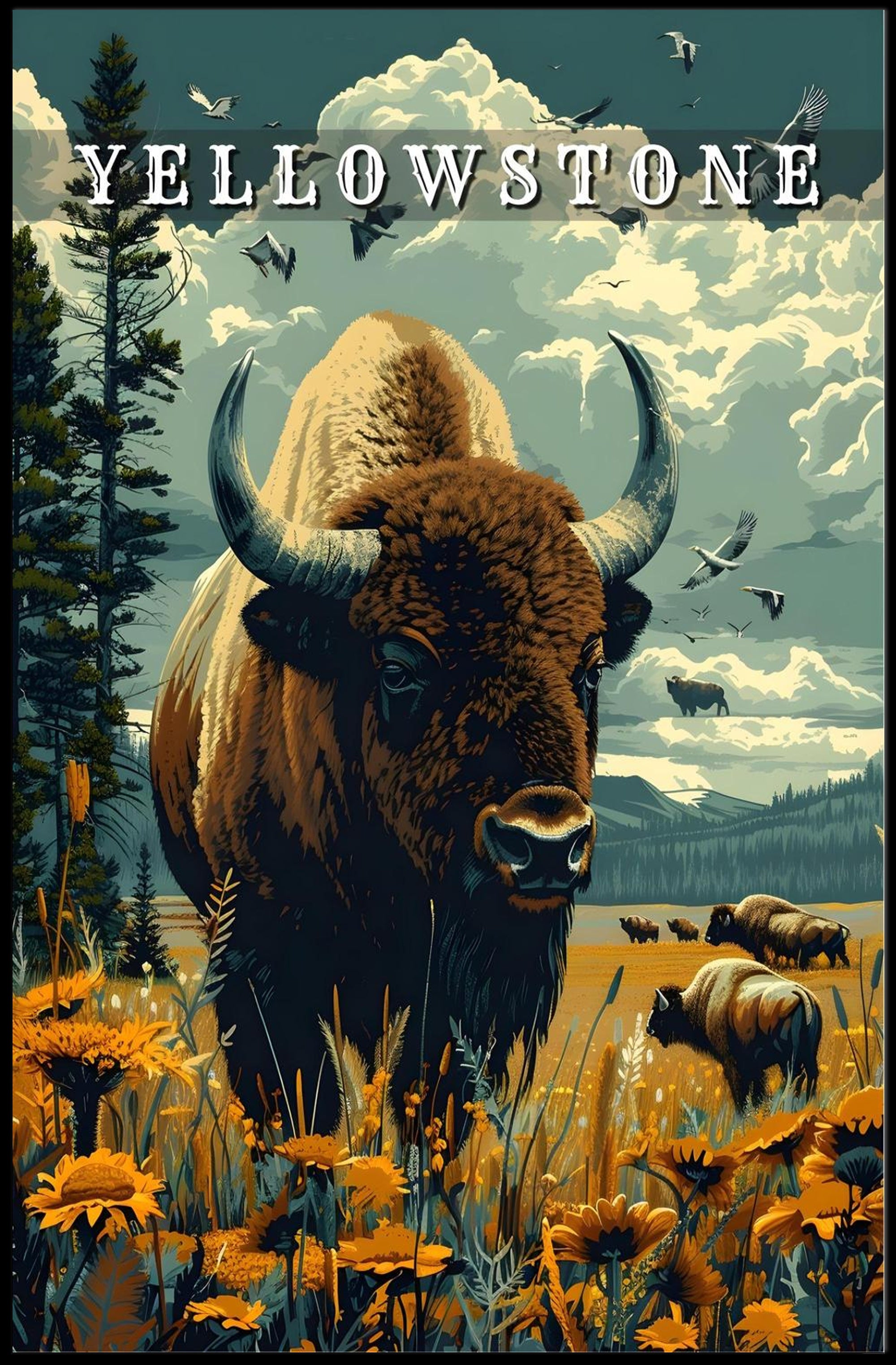 Majestic Yellowstone: Bison and Wildflowers Poster