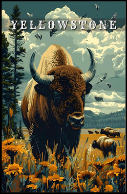 Majestic Yellowstone: Bison and Wildflowers Poster