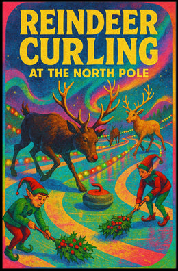 Reindeer Curling at the North Pole Poster