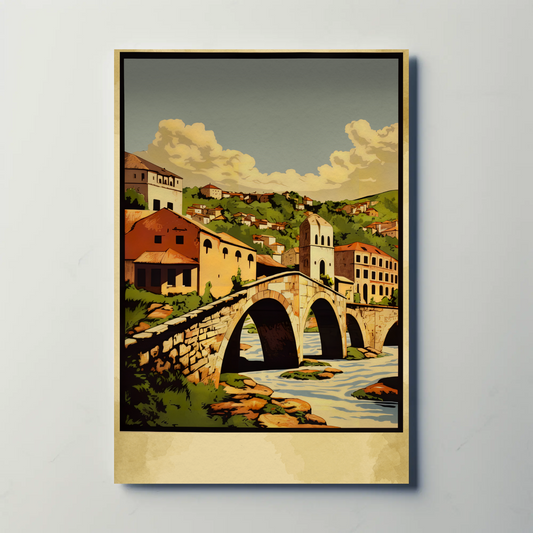 Stone Arch Bridge European Village Landscape Travel Poster