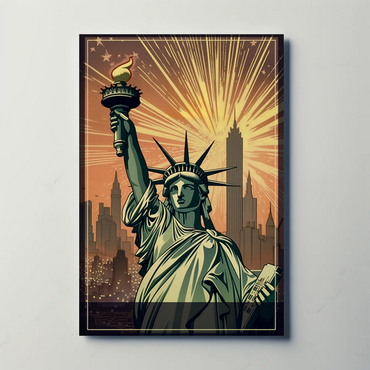 Statue Of Liberty Fireworks Skyline Travel Poster