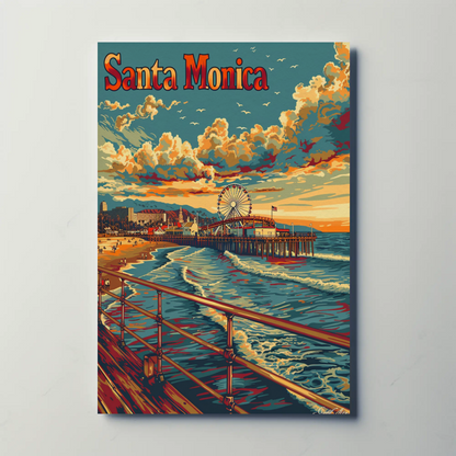 Santa Monica Sunset Pier and Surf Travel Poster