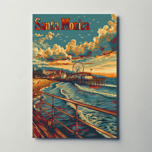 Santa Monica Sunset Pier and Surf Travel Poster