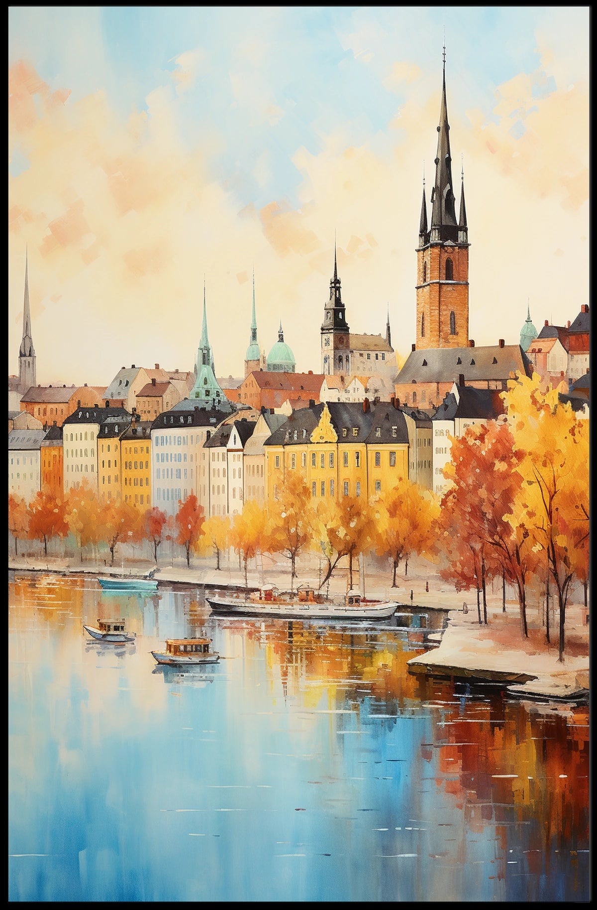 European Cityscape Elegance Captured in Scenic Travel Poster