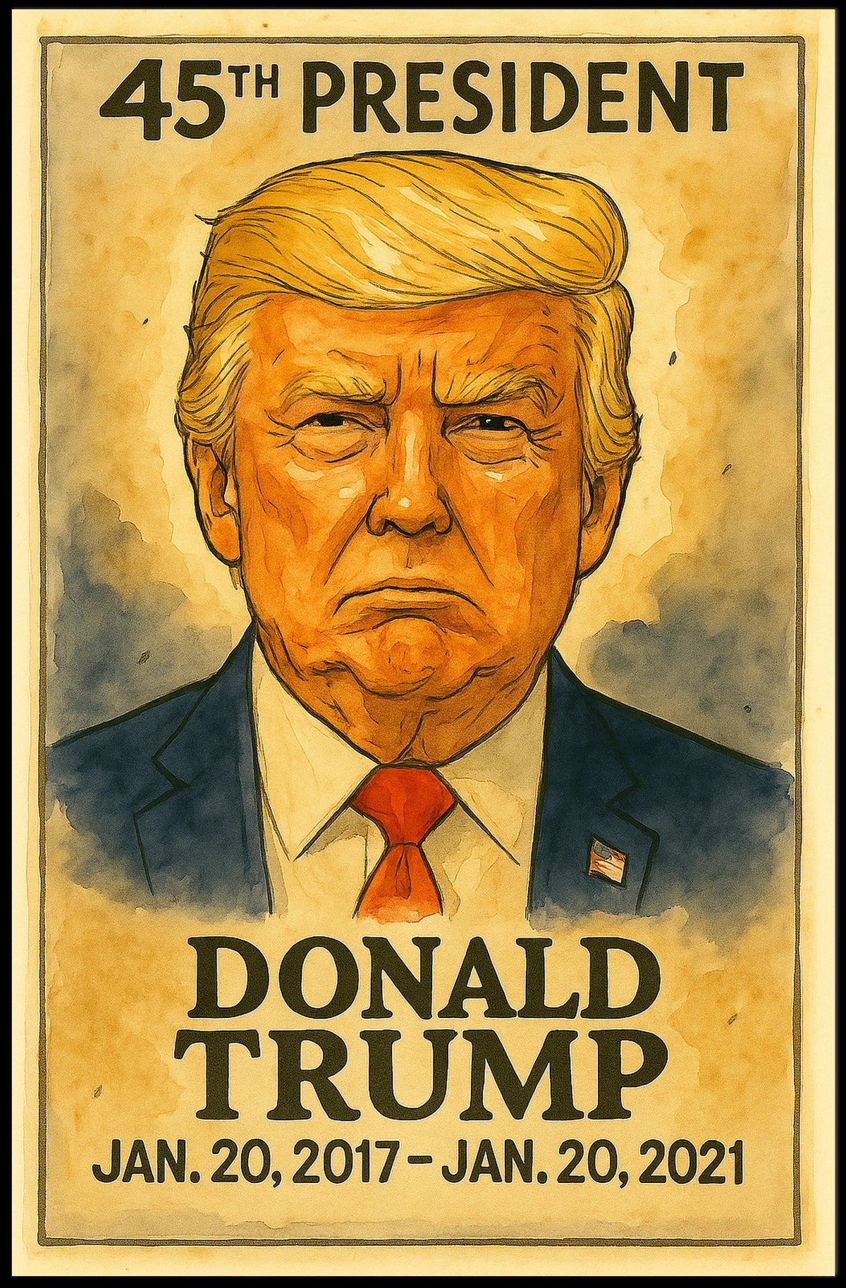 Donald Trump 45th President of the United States Exaggerated Cartoon Sketch Poster