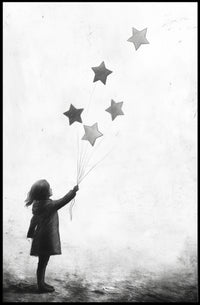 Child Releasing Star Balloons Silhouetted Artwork Poster