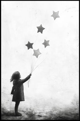 Child Releasing Star Balloons Silhouetted Artwork Poster