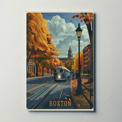 Boston Autumn Streetcar Leaves Trees Travel Poster