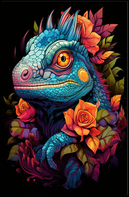Vibrant Iguana With Roses Poster