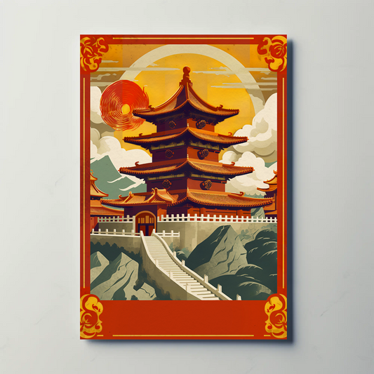 China Pagoda Sunset Clouds Fortress Peaks Travel Poster