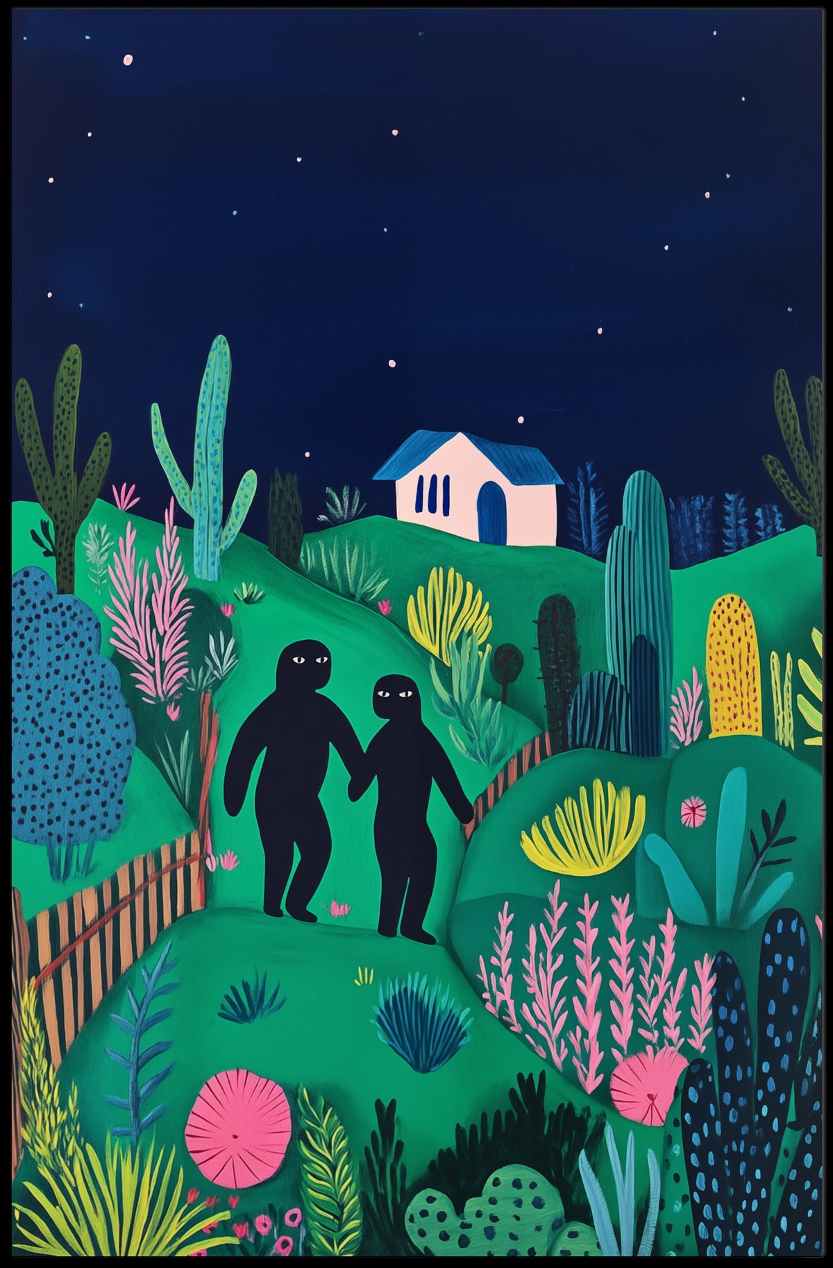 Surreal Landscape Night Figures Whimsical Poster