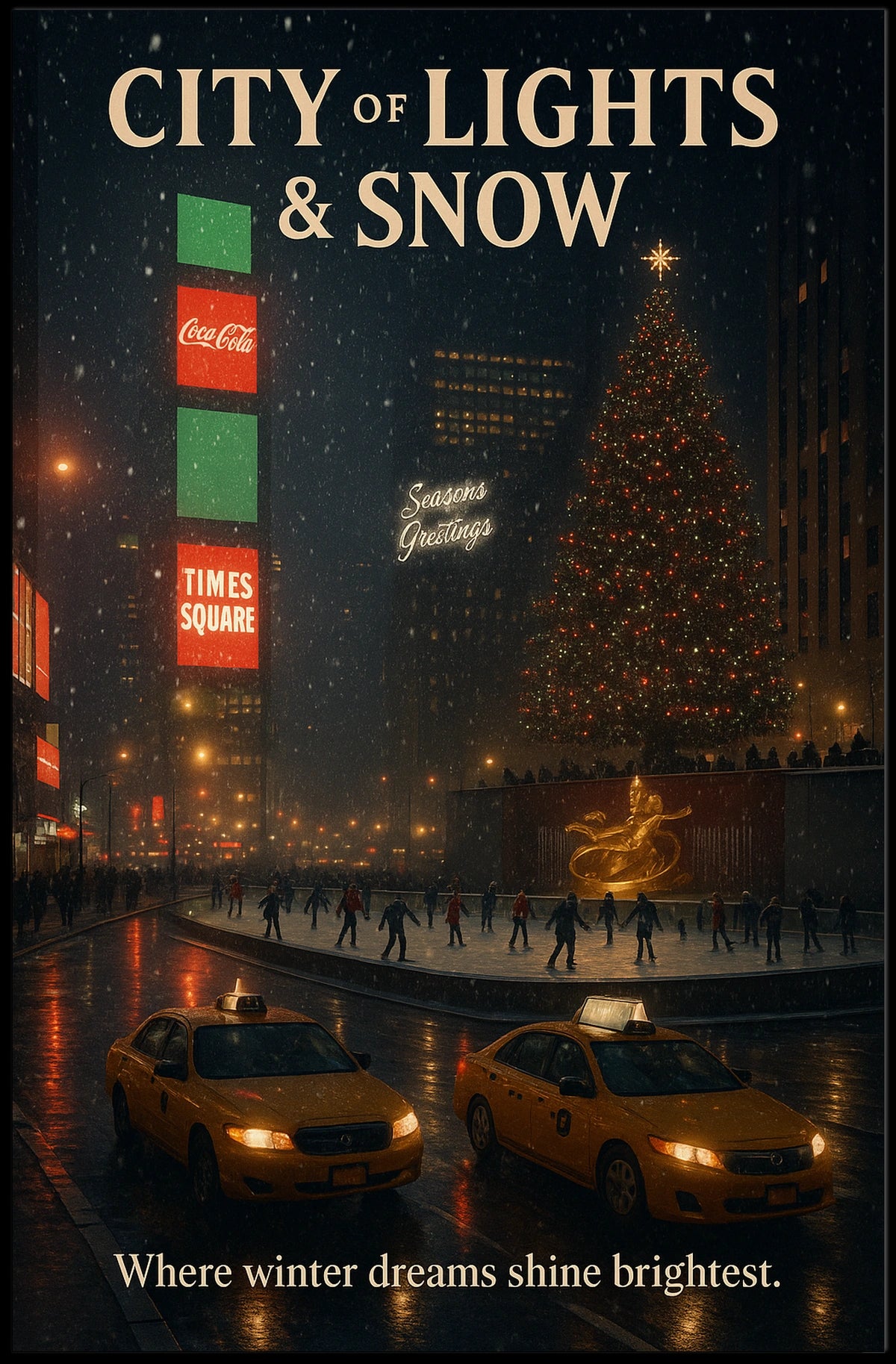 Urban Nightscape Snow City Lights Travel Poster