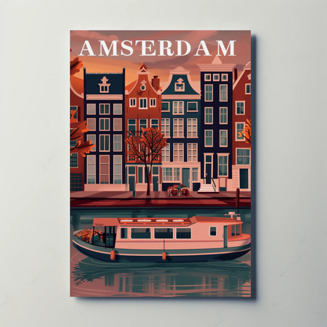 Amsterdam Holland Canal Houses Bridge Vintage Travel Poster