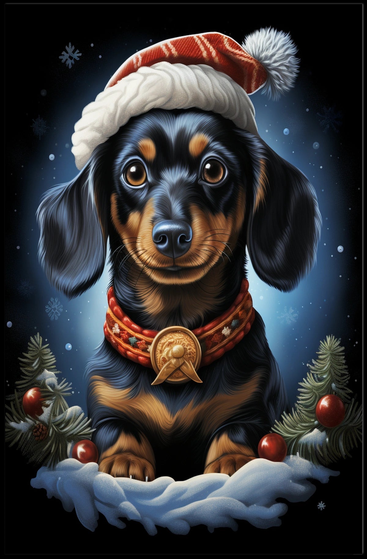 Festive Dachshund Illustration with Santa Hat Dog Breed Poster